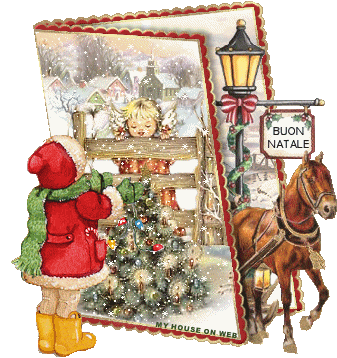 Grote kerstanimatie van een kerstkind - Kerstkaart met twee kinderen, een kerstboom en een paard