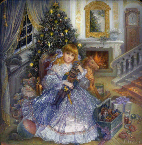 Grote animatie van een schoorsteen - Meisje zit met een notenkraker in haar handen voor de kerstboom met gele kerstverlichting en de brandende open haard