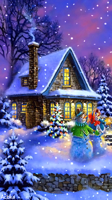 Grote kerstanimatie van een kersthuis - Twee sneeuwpoppen in de sneeuw voor een besneeuwd huis