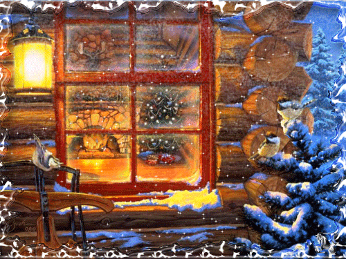 Grote kerstanimatie - Buiten zitten mezen op een sparrentak terwijl binnen achter het venster de open haard brandt