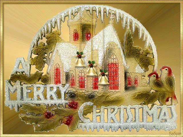 Grote animatie van een kerk - Merry Christmas met een kerst en luidende kerstklokken
