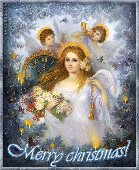 Grote kerstanimatie van een kerstengel - Merry Christmas! met engelen en een klok die op een paar minuten voor twaalf staat, het nieuwe jaar gaat zo beginnen