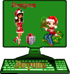 Middelgrote kerstanimatie van computers - Computer met een jongen en meisje op de monitor die een kerstmuts dragen