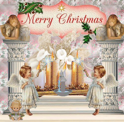 Grote kerstanimatie van een kerstengel - Merry Christmas met engeltjes en vier brandende kaarsen