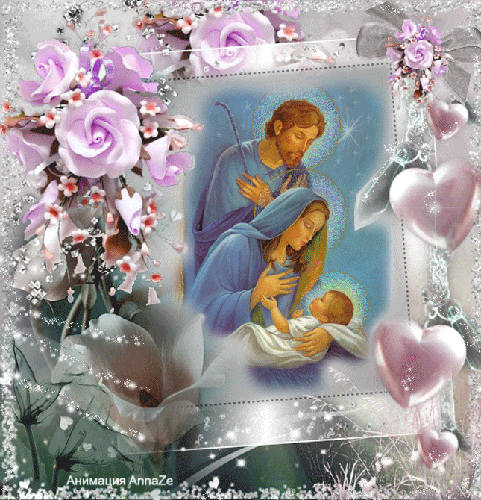 Grote animatie van een kerststal - Jozef en Maria met het kindeke Jezus omlijst door harten en rozen