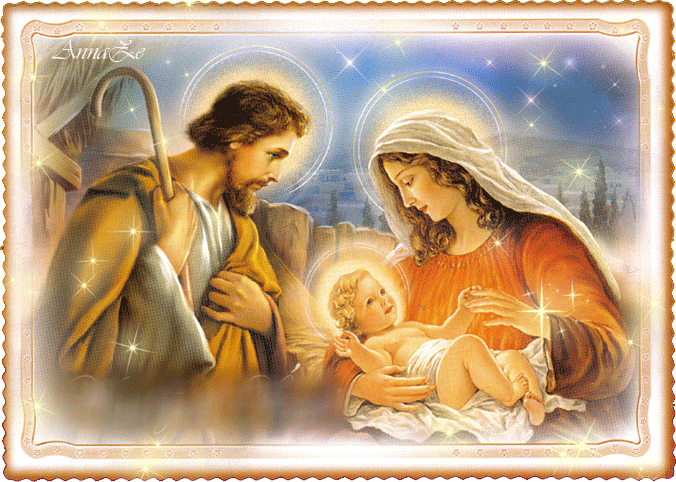 Grote animatie van een kerststal - Jozef en Maria met Jezus omgeven door oplichtende sterren