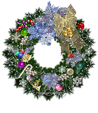 Grote kerstanimatie van een kerstkrans - Kerstkrans met kerstballen, zuurstokken, sneeuwkristallen, een gele strik en blauwe kerststerren