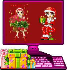 Middelgrote kerstanimatie van computers - Computer met een jongen en meisje op de monitor die een kerstmuts dragen en voor het toetsenbord een kerstcadeau waar een roze hart uit komt