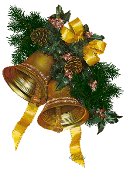 Middelgrote kerstmis animatie van een kerstklok - Twee kerstklokken met gele strik hangen aan sparrentakken en hulstbladeren met rode bessen en dennenappels