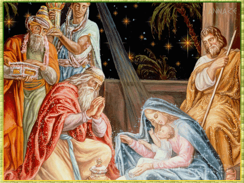 Grote animatie van een kerststal - Jozef en Maria bij het kindeke Jezus en de drie wijzen uit het oosten in de stal