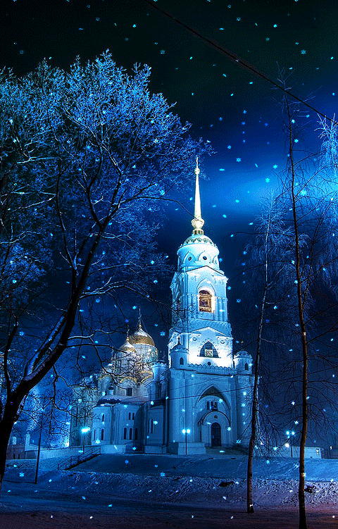 Grote animatie van een kerk - Russisch orthodoxe kerst in de sneeuw
