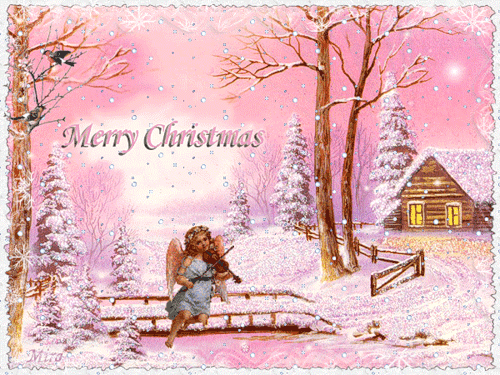 Grote kerstanimatie van een kerstengel - Merry Christmas met een viool spelend engeltje op een brug in een roze sneeuwlandschap met een besneeuwd huis