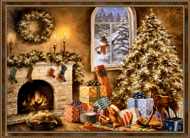 Grote animatie van een schoorsteen - Brandende open haard met daarnaast een grote verlichte kerstboom met veel kerstcadeaus