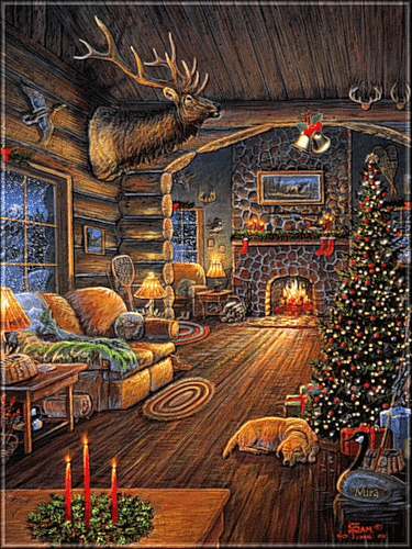 Grote animatie van een schoorsteen - Woonkamer met een brandende open haard en een slapende hond naast de kerstboom