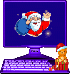 Middelgrote kerstanimatie van computers - Blauwe computer met op de monitor de Kerstman en op de voorgrond een beertje met kerstcadeaus
