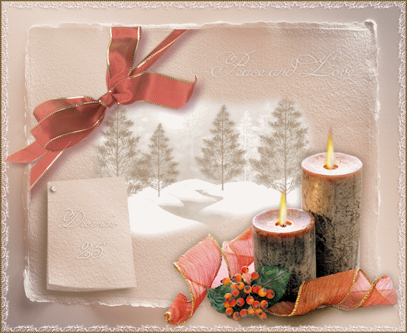 Grote kerstanimatie van een kerstkaars - Peace and Love met twee brandende bruine kaarsen voor een sneeuwlandschap met een rode strik