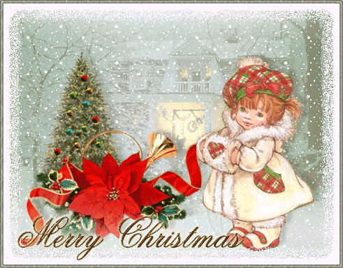 Grote animatie van een kerstmeisje - Merry Christmas met een meisje naast een grote rode kerstster en een kerstboom in de sneeuw