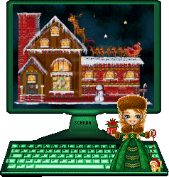 Middelgrote kerstanimatie van computers - Groene computer met een meisje op het toetsenbord en op de monitor de Kerstman die in de schoorsteen kruipt