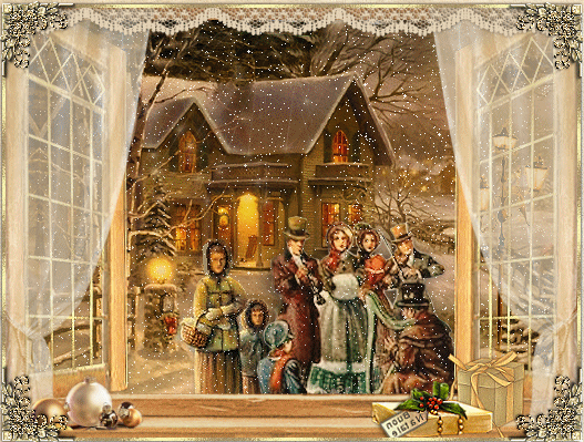 Grote kerstanimatie van een kersthuis - Door het venster is te zien dat er buiten mensen in de sneeuw staan
