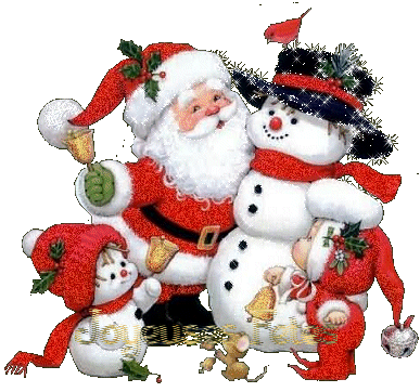 Grote animatie van een sneeuwpop - De Kerstman en een kind staan bij twee sneeuwpoppen