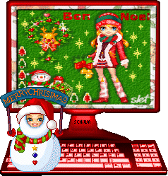Middelgrote kerstanimatie van computers - Rode computer met op het toetsenbord een sneeuwpop met kerstmuts en op de monitor een meisje met kerstkleren