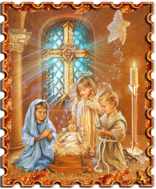 Grote animatie van een kerststal - Kinderen bij de Jezus in de kribbe met op de achtergrond een stralend kruis
