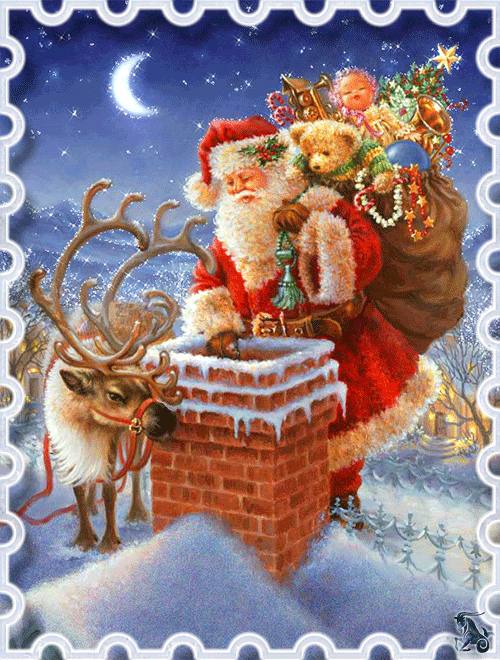 Grote animatie van een schoorsteen - Santa Claus staat met een zak vol kerstcadeaus op zijn rug en het rendier naast hem bij een schoorsteen op het dak