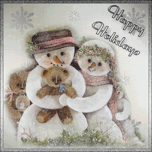 Grote animatie van een sneeuwpop - Happy Holidays met drie sneeuwpoppen en twee beren