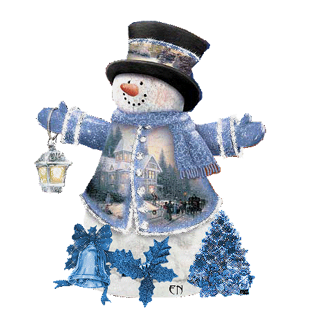 Grote animatie van een sneeuwpop - Sneeuwpop met blauwe jas en zwarte hoed en een blauwe kerstklok, hulst en een kerstboom