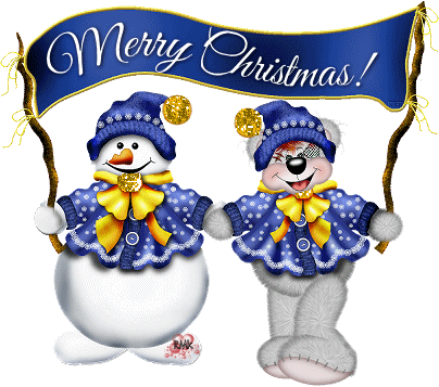 Grote animatie van een sneeuwpop - Merry Christmas! met een sneeuwpop en een beer met blauwe jas en muts en een gele strik