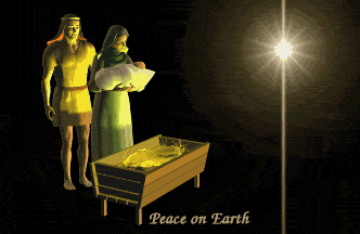 Middelgrote animatie van een kerststal - Peace on Earth met Maria die het kind in haar armen wiegt en Jozef die achter haar staat terwijl de kerstster helder aan de hemel staat te stralen