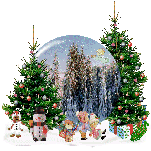 Grote kerstanimatie van een kerstboom - Twee kerstbomen met beren, sneeuwpoppen en kerstcadeaus in de sneeuw