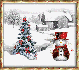 Middelgrote animatie van een sneeuwpop - Kerstboom met rode strikken en een sneeuwpop met rode hoed en jas in de sneeuw voor een schuur