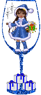 Kleine animatie van een kerstglas - Blauw glas met daarin een meisje in blauwe kerstkleren en aan de voet drie kerstcadeaus met blauwe strikken