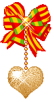 Mini kerstanimatie - Goudkleurig hartje dat aan een geel rode strik hangt