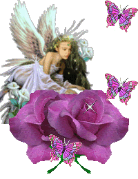 Middelgrote animatie van een kerstengel - Engel bij een paarse roos met drie vlinders en een ster