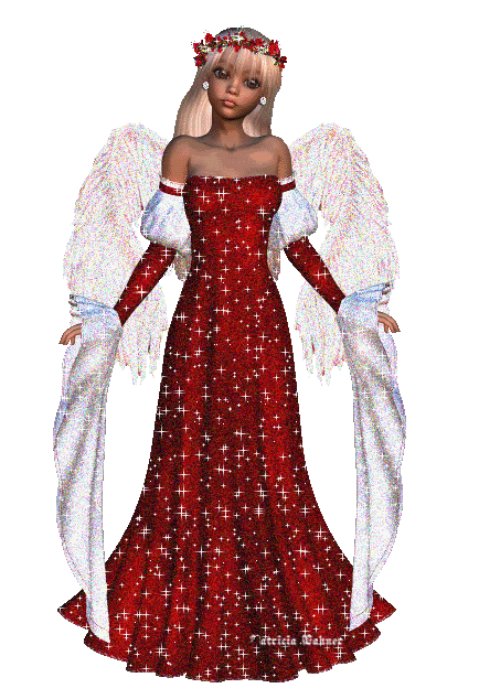 Grote kerstanimatie van een kerstengel - Rode engel met witte vleugels en veel rode sterretjes