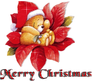 Middelgrote animatie van een kerstwens - Merry Christmas met een beer met kerstmuts die zit te slapen op een kerstster met witte sterretjes