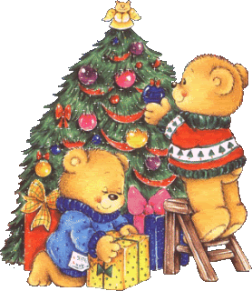 Middelgrote kerstanimatie van een kerstboom - Twee beren die de kerstboom versieren en onder de boom drie kerstcadeaus