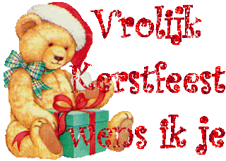 Middelgrote animatie van een kerstwens - Vrolijk Kerstfeest wens ik je met een beer met kerstmuts en een groen kerstcadeau met rode strik