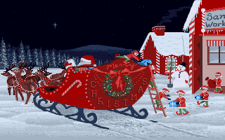 Middelgrote animatie van een rendier - Merry Christmas met de Kerstman die met zijn arrenslee en rendieren door het dorp rijdt