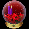 Mini kerstmis animatie van een kerstkaars - Sneeuwglobe met rode kerststerren en twee brandende paarse kaarsen