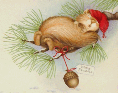 Grote kerstanimatie van een kerstdier - Slapende eekhoorn met een kerstmuts en aan de tak bungelt een eikel aan een rode strik met Merry Christmas
