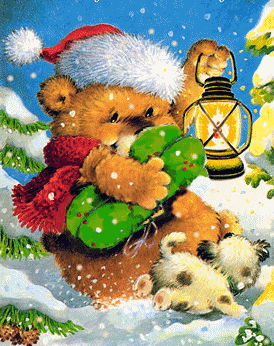 Middelgrote animatie van een kerstdier - Beer met kerstmuts en lantaarn in de sneeuw