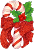 Mini animatie van een kerstcadeau - Candy cane met rode strik en hulstblaadjes met bessen