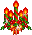Mini kerstmis animatie van een kerstkaars - Vijf brandende rood met groene kaarsen met een strik
