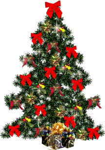 Middelgrote kerstanimatie van een kerstboom - Kerstboom versierd met rode strikken en oplichtende witte sterren