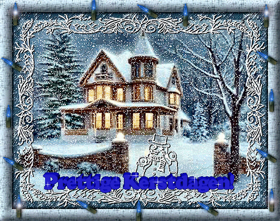 Grote kerst animatie van kerstverlichting - Prettige Kerstdagenm met een villa in de sneeuw en blauwe kerstverlichting als lijst
