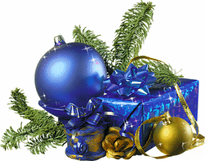 Grote kerstanimatie van een kerstbal - Blauw kerstcadeau met een blauwe en een goudkleurige kerstbal
