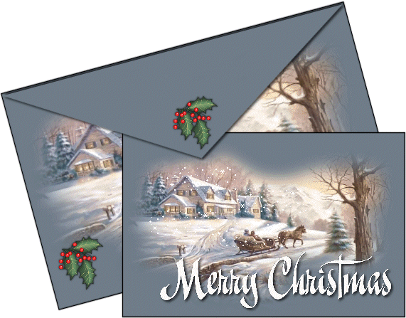 Grote animatie van sneeuw - Merry Christmas op een kaart die uit de envelop gehaald is met daarop een paardenslee die voor een huis langsrijdt